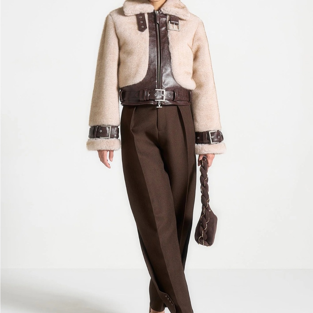 Plush & Leather Belted Jacket - Beige/Brown